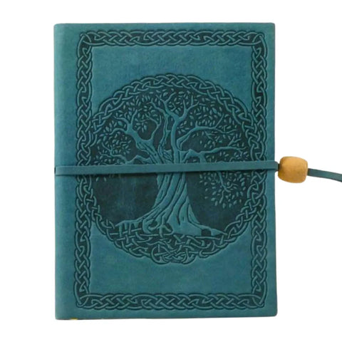 Agenda Scolastica Decoro Albero della Vita A5 in pelle vera, copertina con motivo foglie in rilievo colore blu
