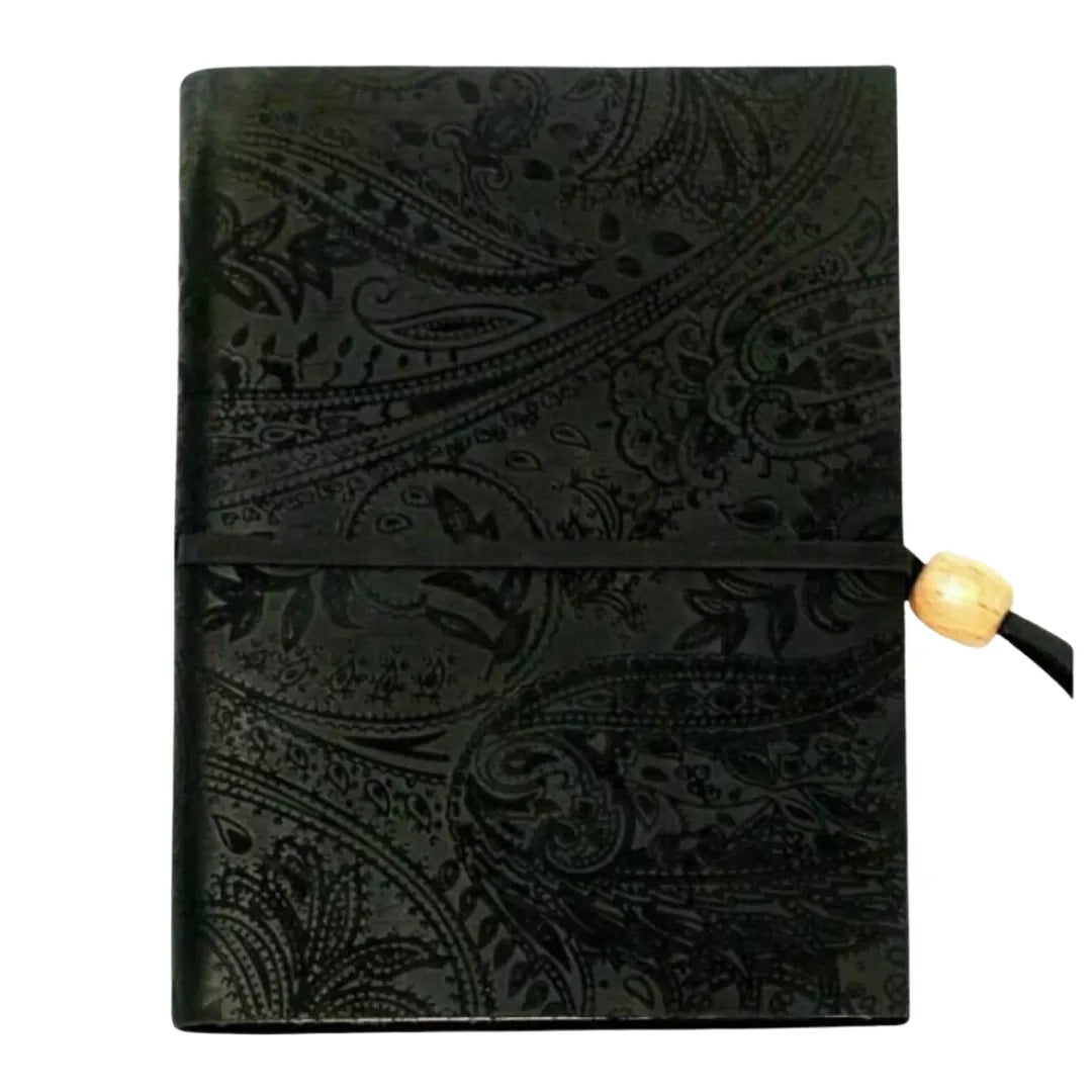 Agenda Scolastica Decoro Cachemire A5 in pelle vera, copertina con motivo foglie in rilievo colore nero
