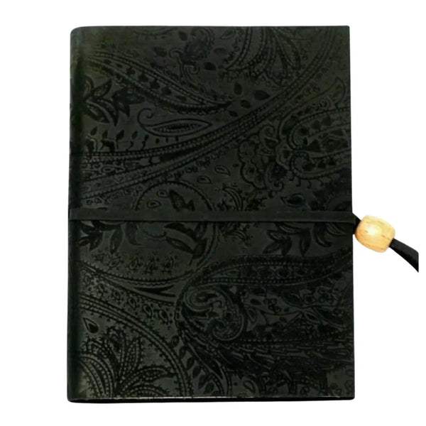 Agenda Scolastica Decoro Cachemire A5 in pelle vera, copertina con motivo foglie in rilievo colore nero