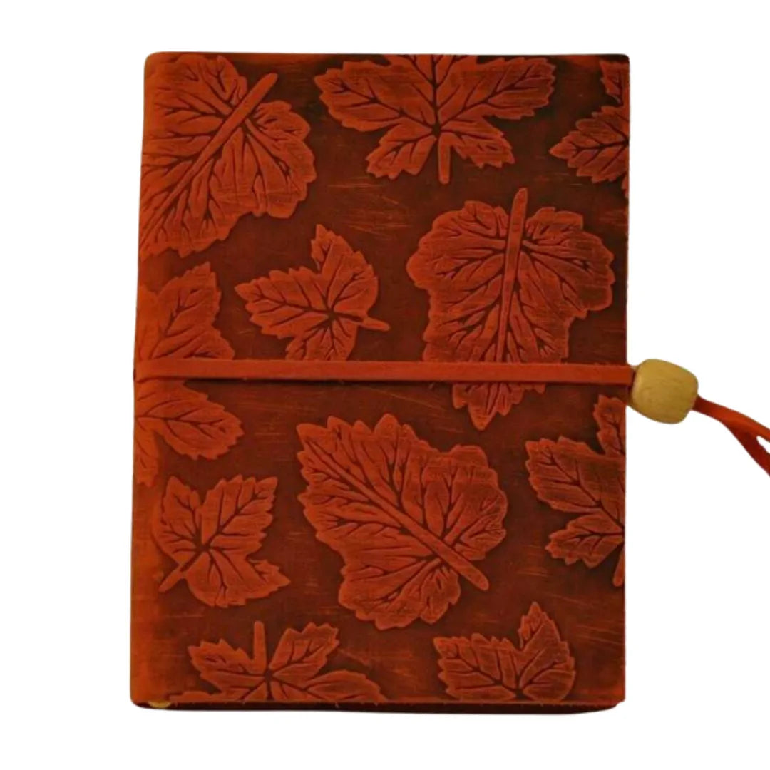 Agenda Scolastica Decoro Foglie A5 in pelle vera, copertina con motivo foglie in rilievo colore rosso mattone